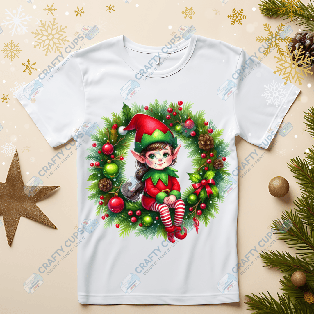 Christmas Elves on Wreaths DTF Transfers – Festive Prints in Various Sizes & Designs