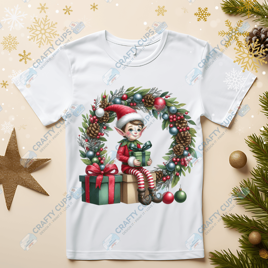 Christmas Elves on Wreaths DTF Transfers – Festive Prints in Various Sizes & Designs