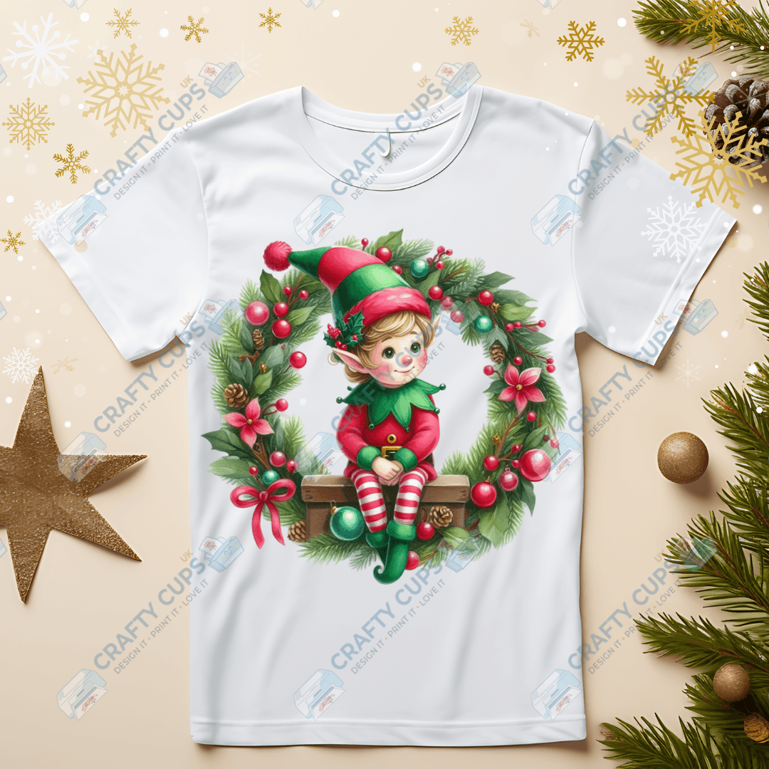 Christmas Elves on Wreaths DTF Transfers – Festive Prints in Various Sizes & Designs