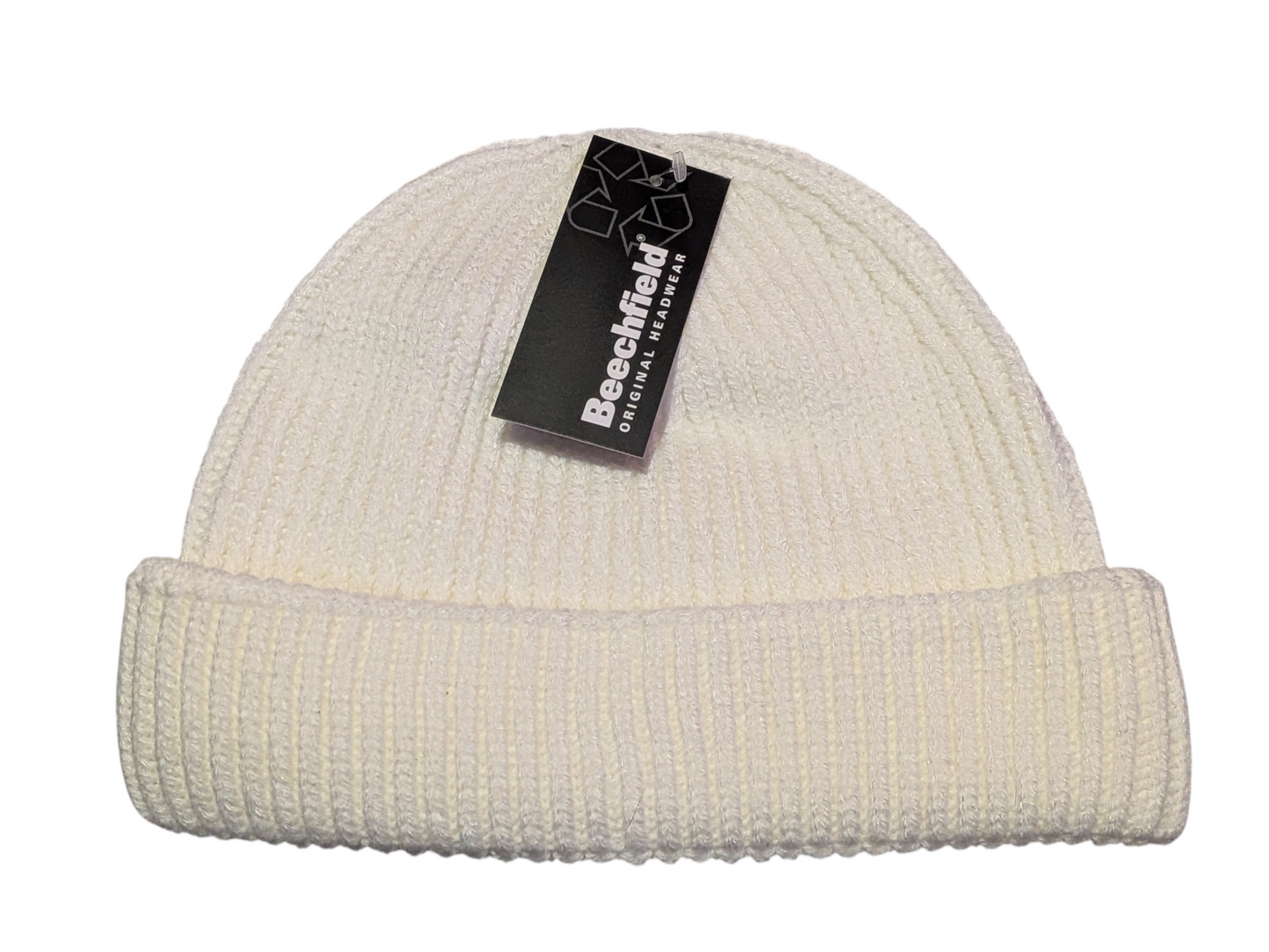 Beechfield Harbour Beanie Hat – White Recycled Ribbed Cuffed Beanie with TearAway Label