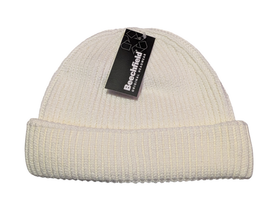 Beechfield Harbour Beanie Hat – White Recycled Ribbed Cuffed Beanie with TearAway Label