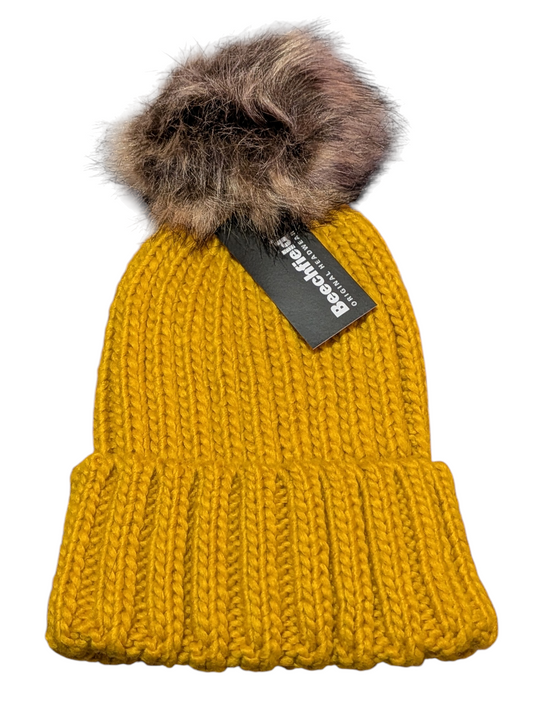 Beechfield Mustard Faux Fur Pop Pom Chunky Beanie Hat – Ribbed Winter Beanie with Removable Pom Pom