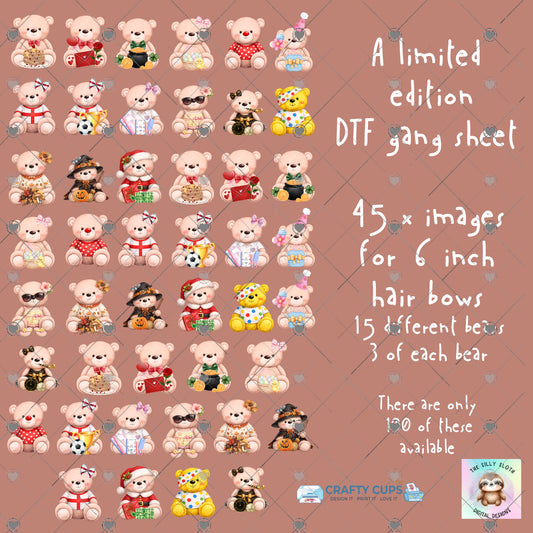 DTF Gang Sheet Teddy Bears for 6" Hair Bows | 45 UK Seasonal Designs | Limited Edition