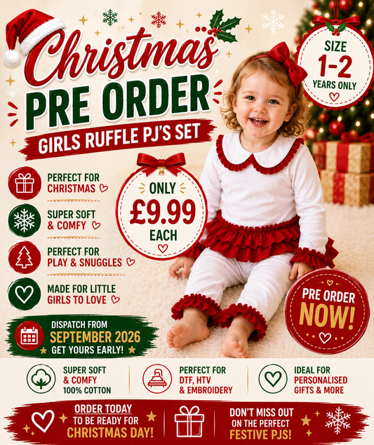 Pre-Order Girls Ruffle PJ'S Set | Dispatch September 2026 | 100% Cotton | Blank for DTF, HTV & Embroidery