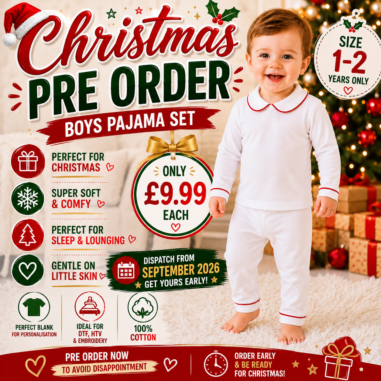 Pre-Order Boys Blank Christmas Pyjama Set | Dispatch September 2026 | 100% Cotton | Ready for DTF, HTV & Embroidery