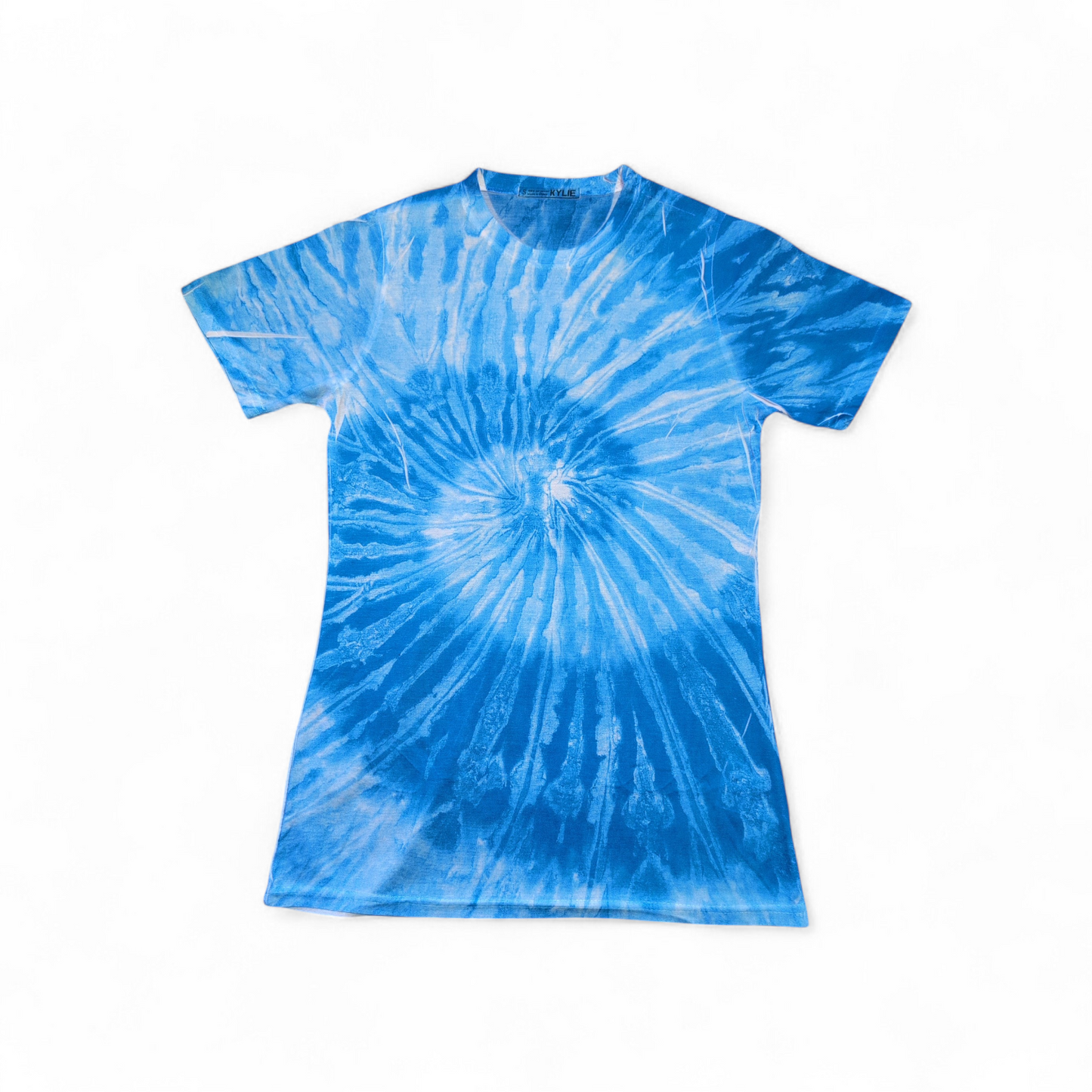 Kylie Women’s Blue Tie Dye T-Shirt – 100% Polyester Spiral Design | Size Small | Brand New