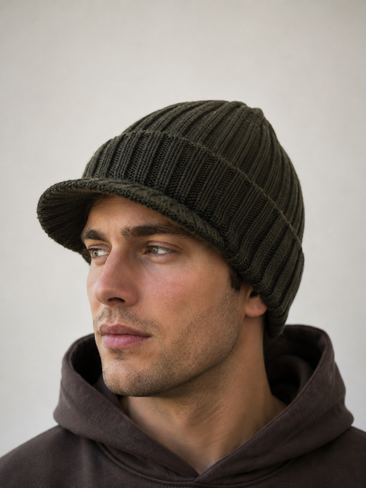 Beechfield Green Heavy Ribbed Knit Beanie with Peak – Double Layer All Season Hat – Brand New
